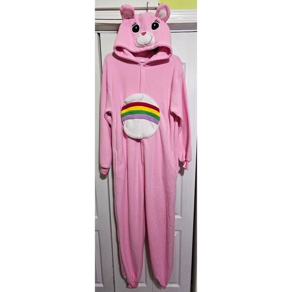 Cheer Care Bear Kigurumi Adult Fleece Hooded Onesie Pajamas Costume Pink Rainbow - Picture 3 of 9